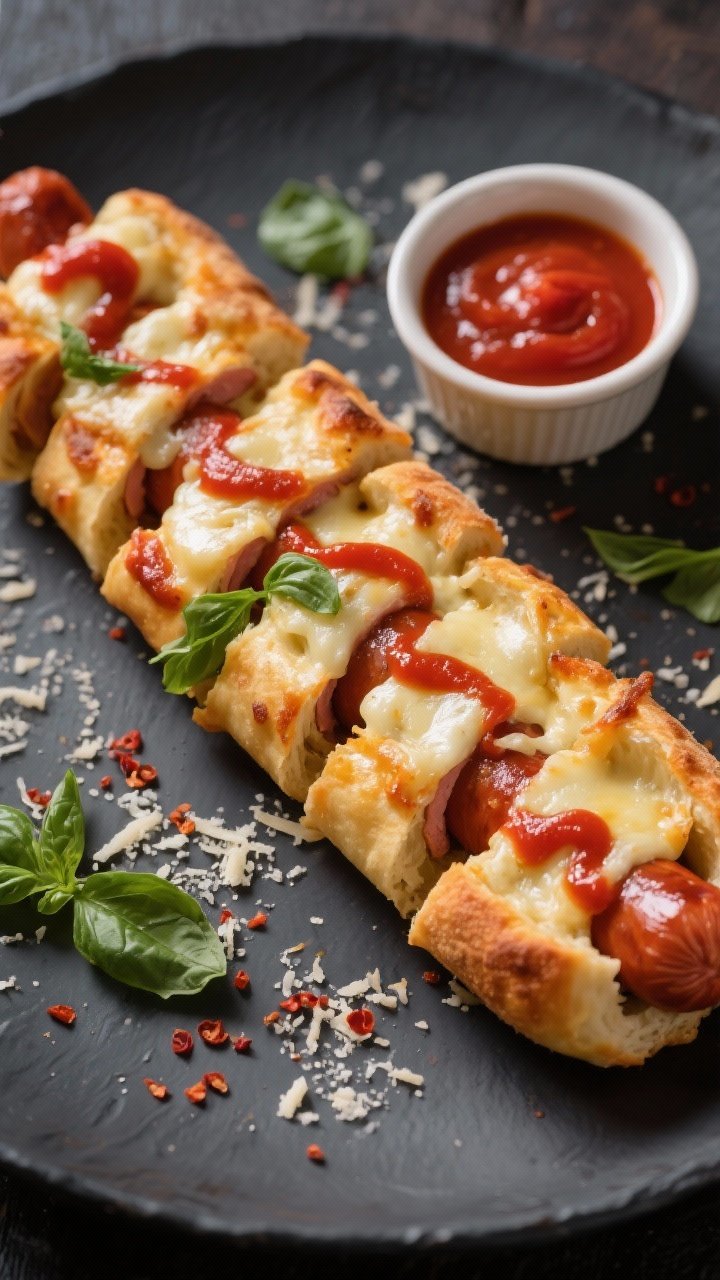 Final plated dish: Restaurant-quality presentation of sliced cheesy pizza hot dogs arranged diagonal