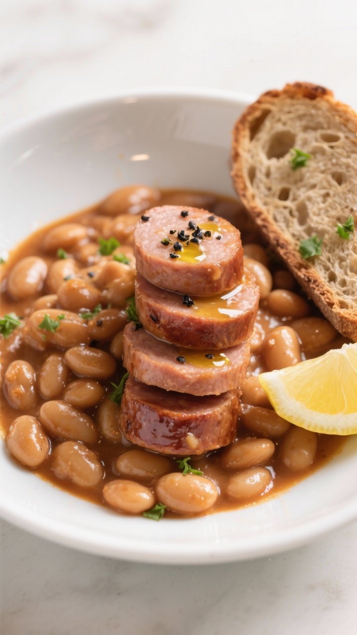 Final plated dish, restaurant-quality presentation: Beautifully plated low-sugar baked beans with sa