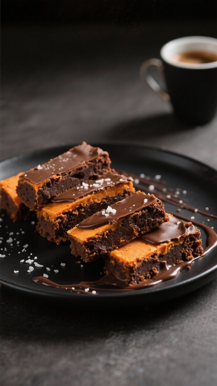 Final plated dish: Restaurant-quality presentation of neatly sliced sweet potato brownie squares on 