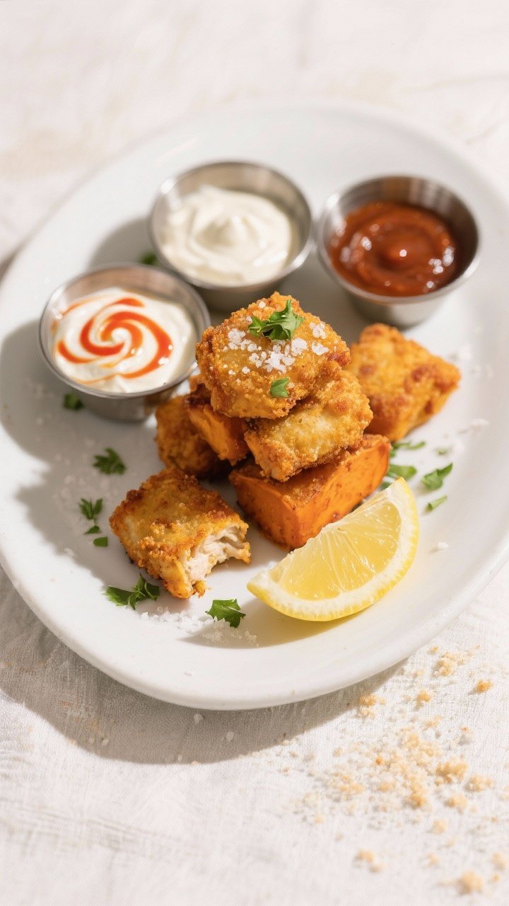 Final plated dish: Restaurant-quality presentation of baked chicken-sweet potato nuggets stacked on 