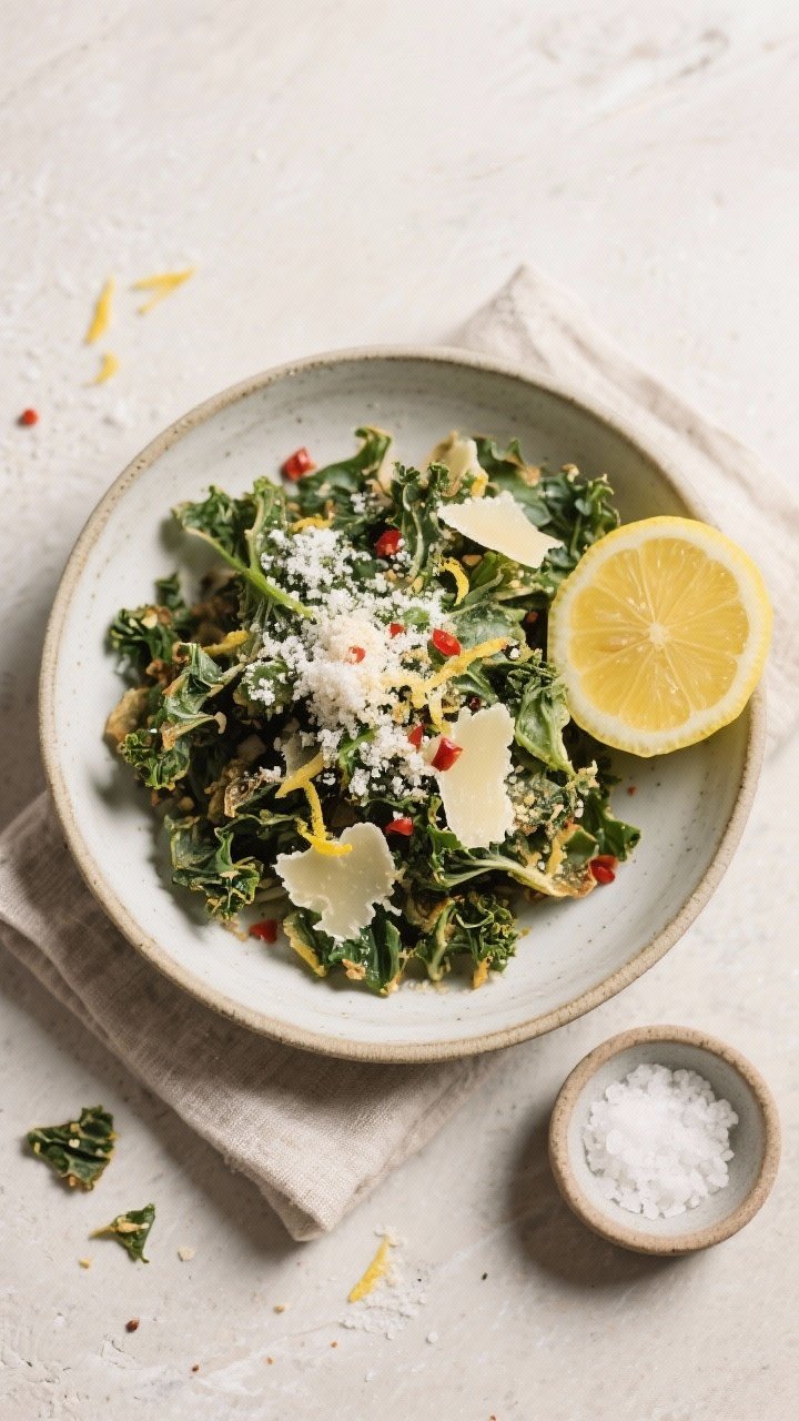 Final plated dish shot: Restaurant-quality presentation of crispy kale chips in a wide, low ceramic 