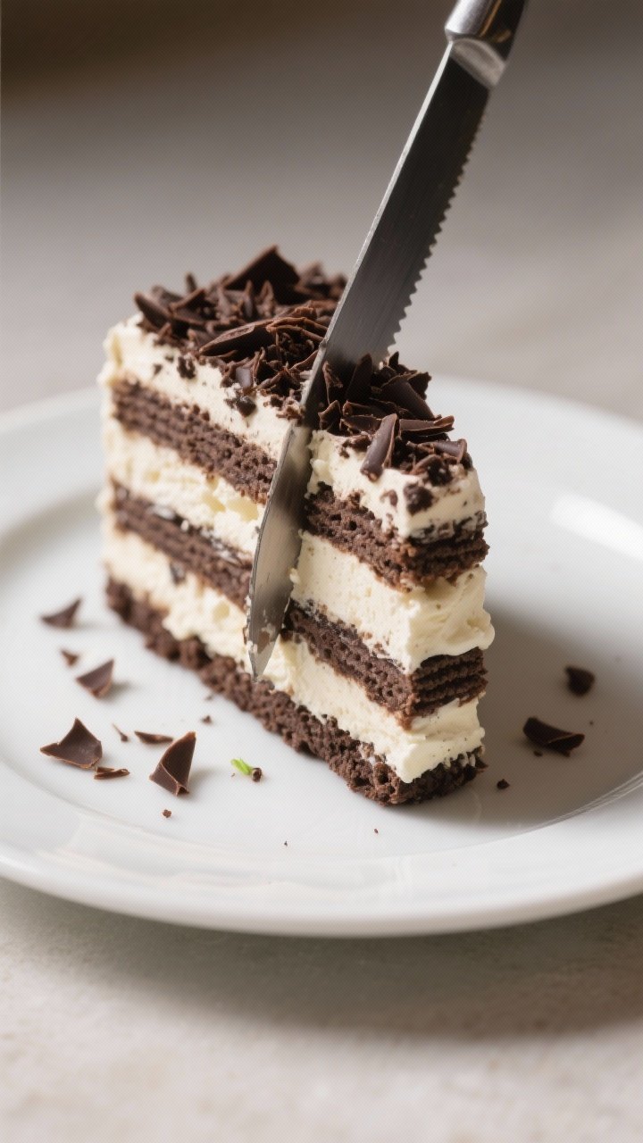 Final plated hero: Beautifully sliced cookies-and-cream version on a matte white plate—alternating