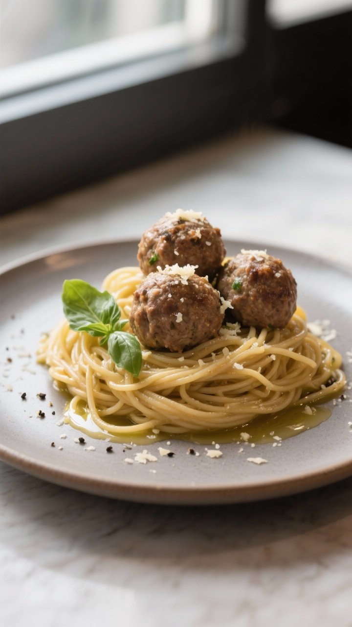 Final plated hero: Restaurant-quality plating of whole-wheat spaghetti and turkey meatballs twirled 