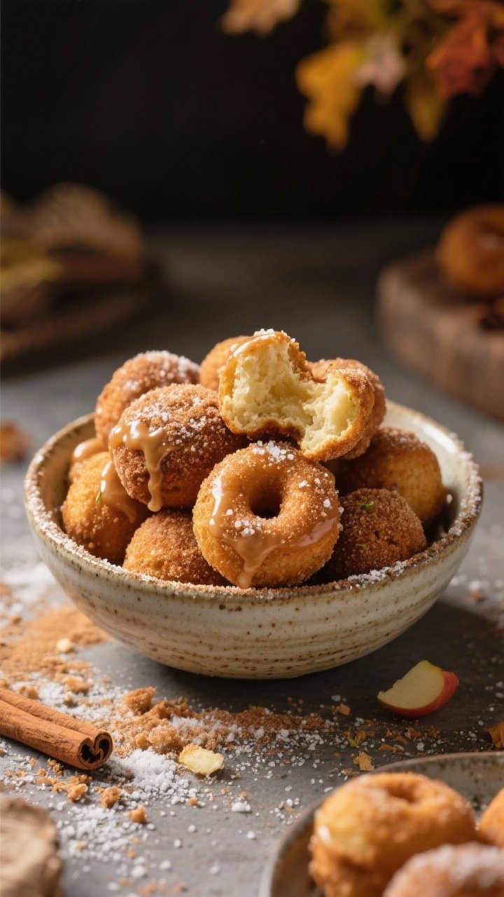 Final plated hero shot: A rustic ceramic bowl piled high with whole-wheat baked apple cider doughnut