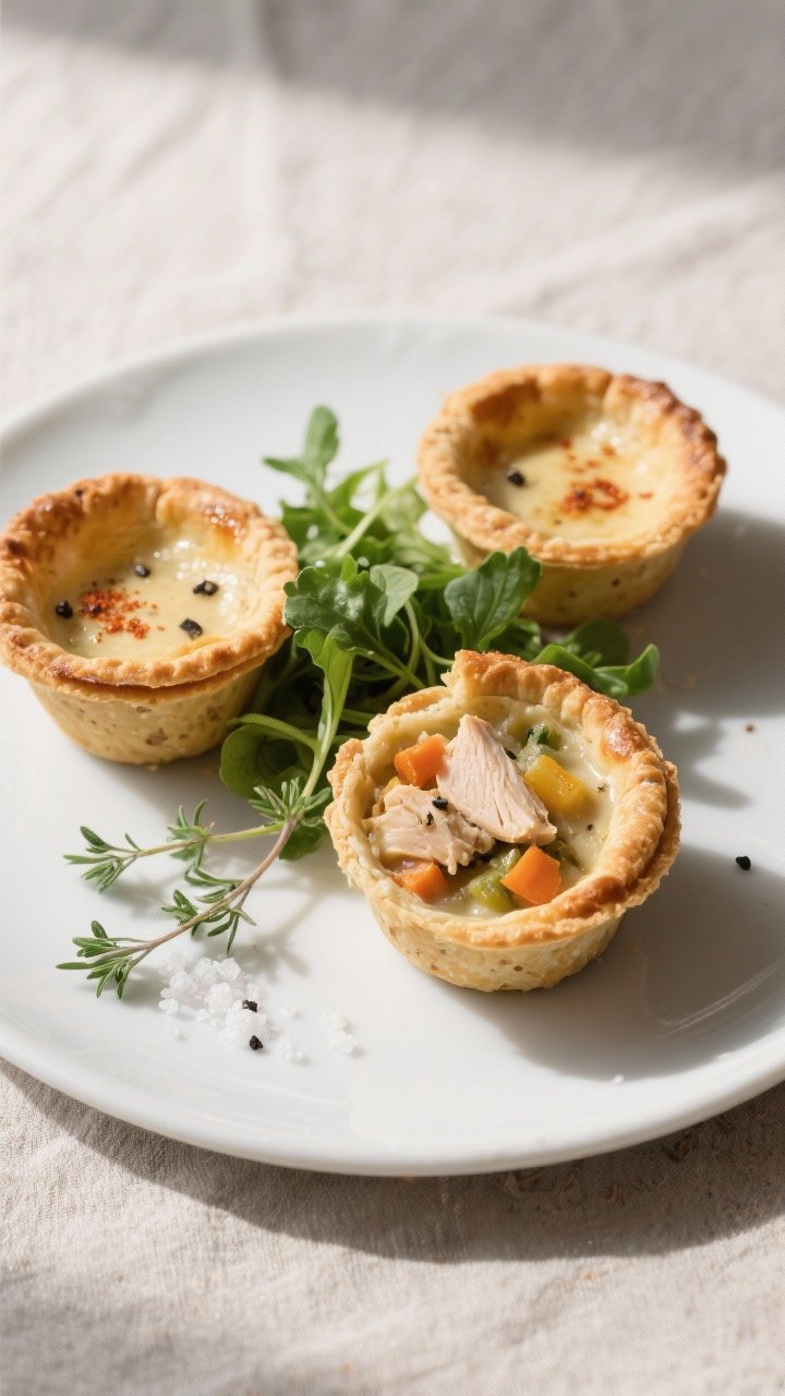 Final plated hero shot: Three mini chicken pot pie cups on a matte white plate with a small side sal