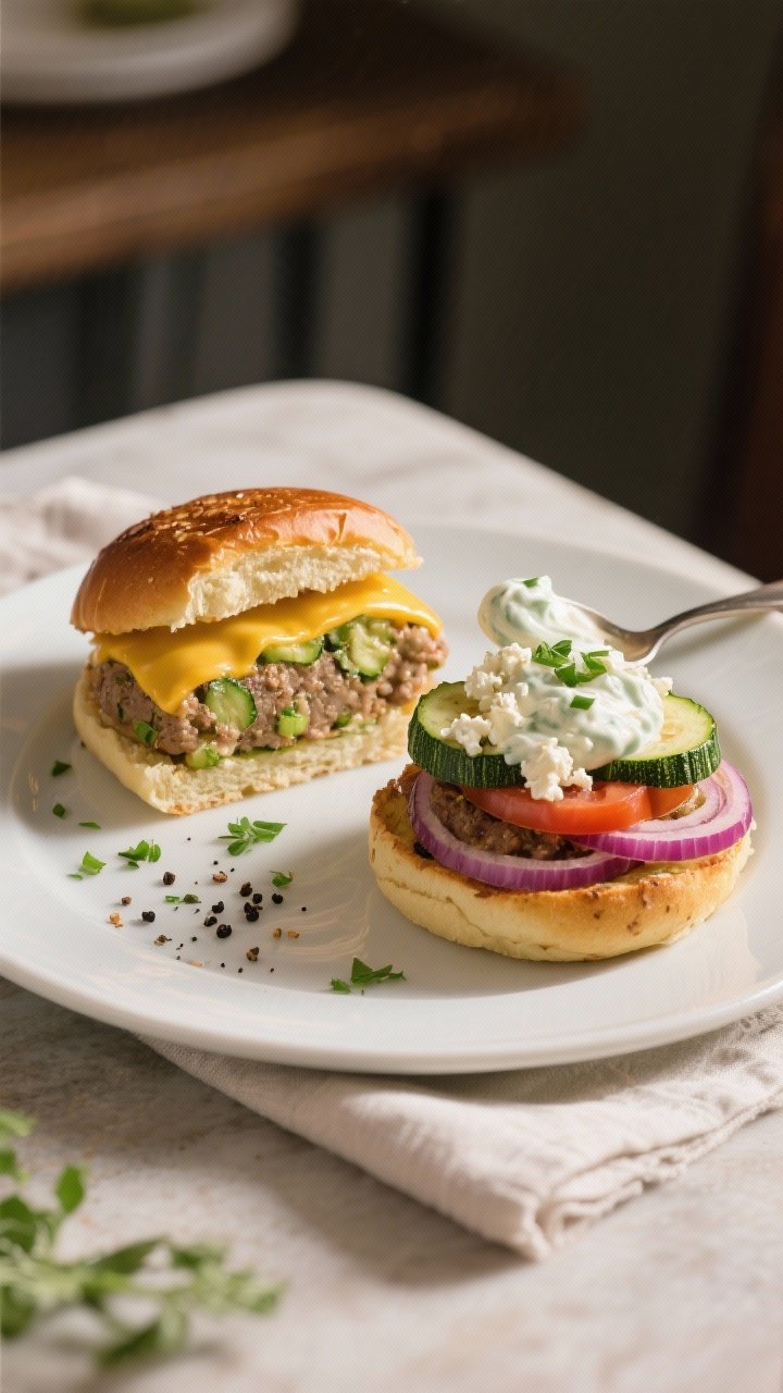 Final plated hero shot: Two zucchini burgers, one classic with melted cheddar, the other “Greek-st