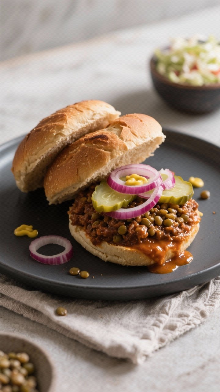 Final plated hero: Two overflowing Lentil Sloppy Joes on toasted whole-wheat buns, stacked on a matt