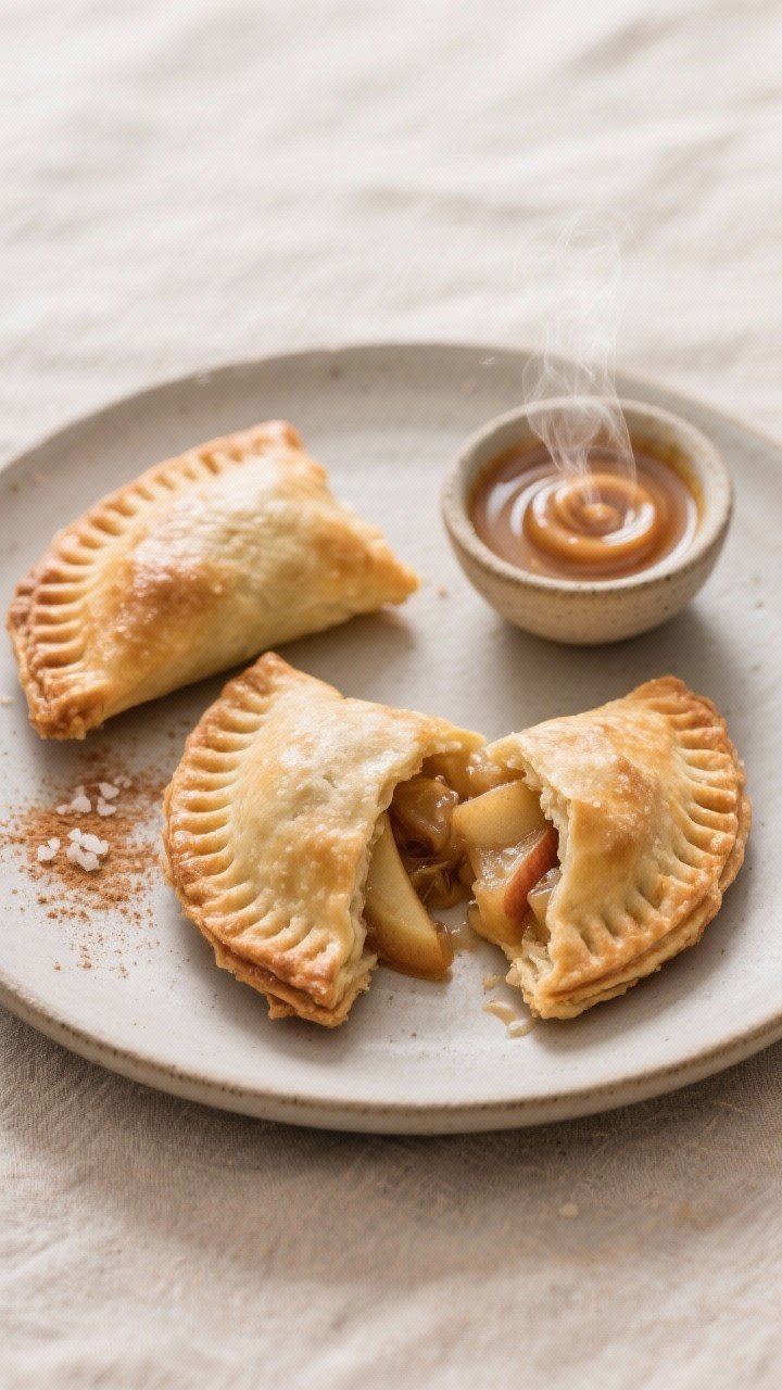 Final plated presentation of warm apple pie turnovers on a matte ceramic plate, two whole and one sp