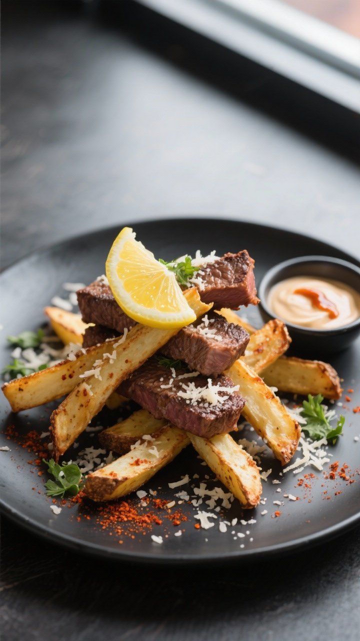 Final plated presentation: Restaurant-quality plating of Parmesan steak fries stacked in a loose cri