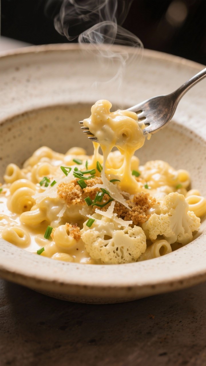 Final plated, restaurant-quality: Beautifully plated cauliflower mac and cheese in a shallow stonewa