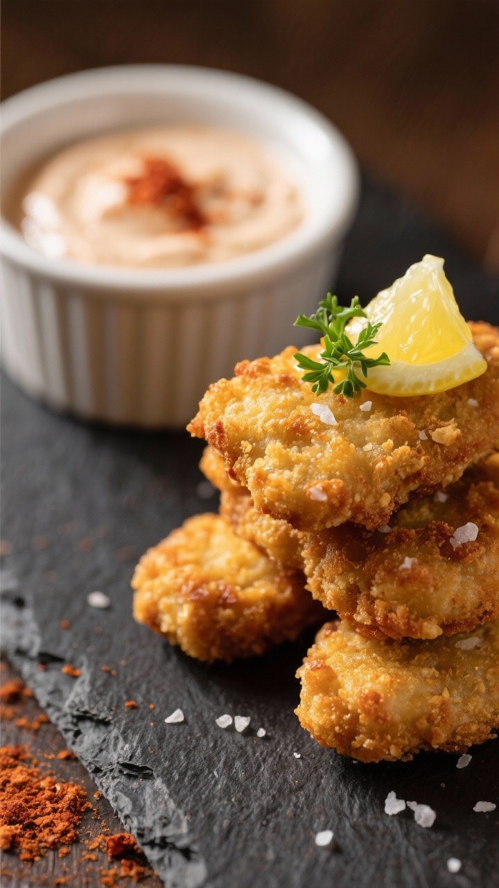 Final plated restaurant-style presentation: Shallow depth-of-field hero shot of a stack of baked chi