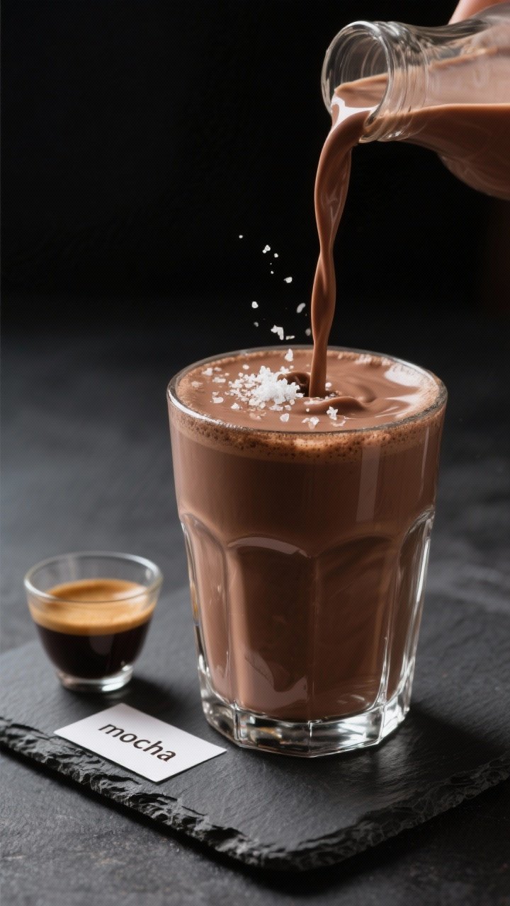 Final presentation beauty: Restaurant-quality pour shot paused mid-stream—silky chocolate milk flo
