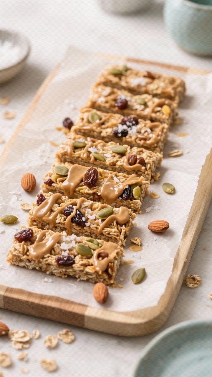 Final presentation beauty shot: Sliced cereal bars (8 thick pieces) arranged on a parchment-lined bo