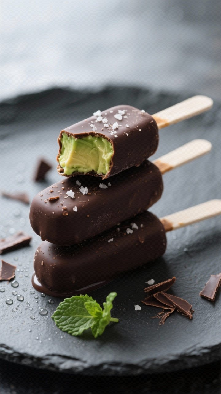 Final presentation, beauty shot: Trio of finished avocado fudge pops stacked and slightly offset on