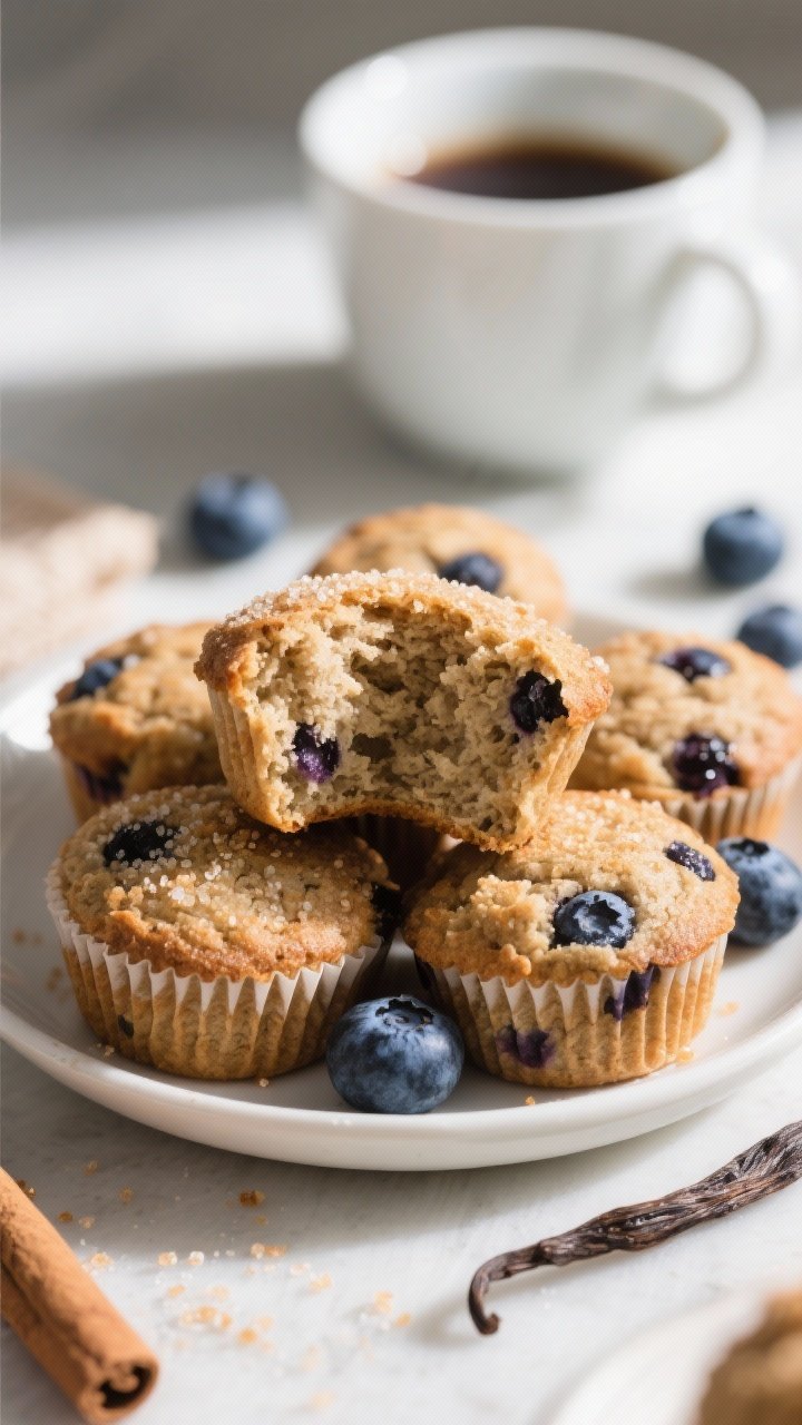 Final presentation detail: Close-up of a small plate piled with blueberry mini muffins, one muffin t