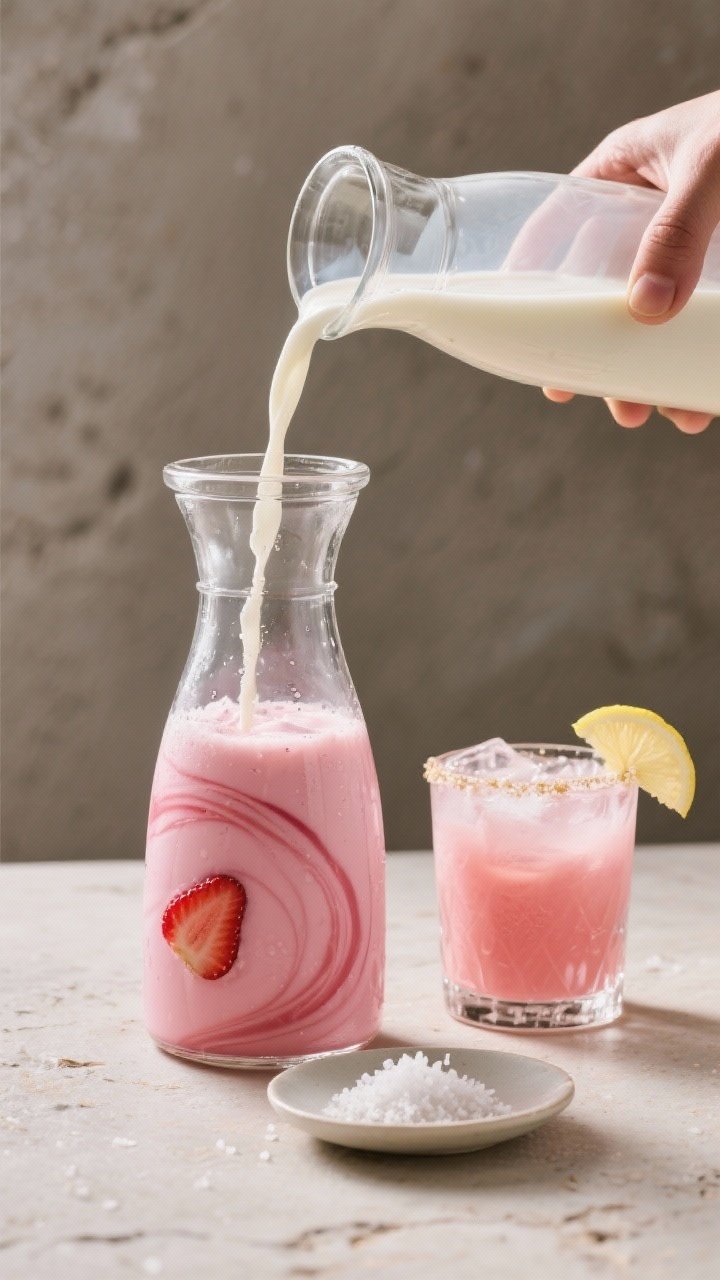 Final presentation shot: Restaurant-quality pour scene—oat milk being poured into a carafe of deep