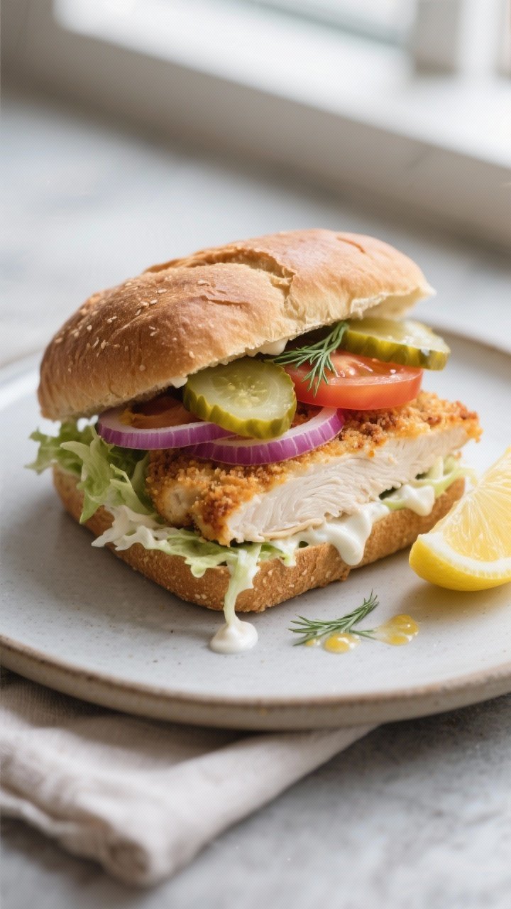 Final sandwich hero shot: Fully assembled baked chicken sandwich on a toasted whole-wheat bun, stack