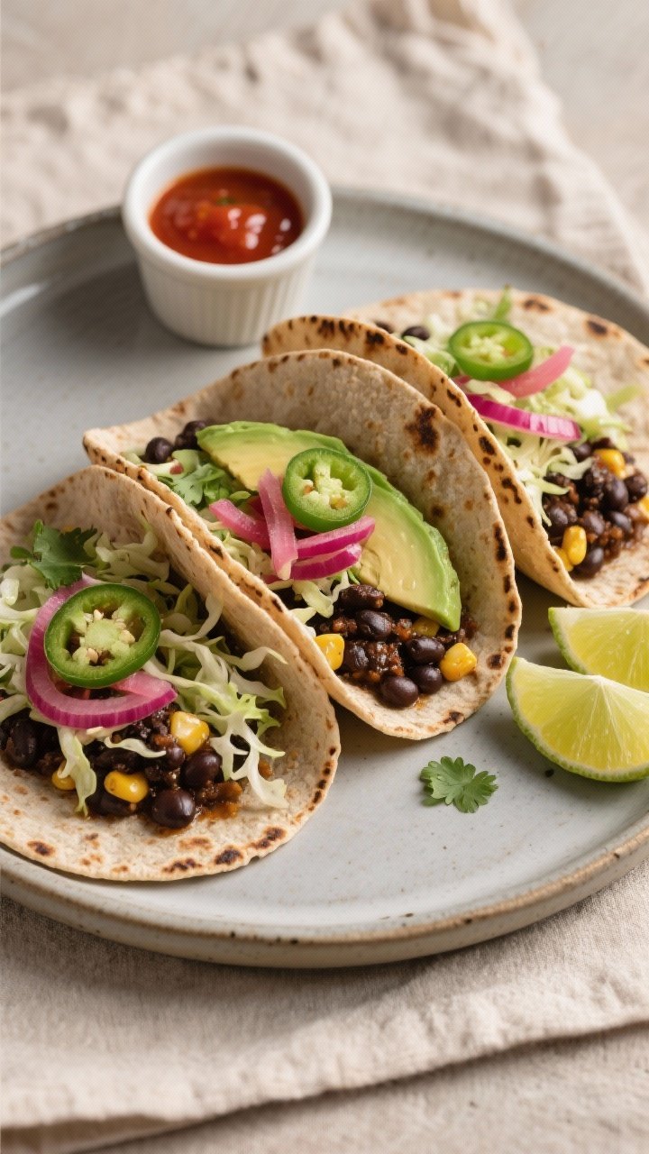 Final taco presentation, restaurant-quality: Three whole-grain tortillas with light edge char, folde