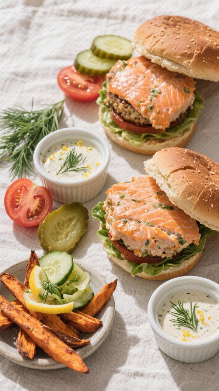 Overhead “build and sides” scene: Top-down shot of two salmon burgers—one fully assembled and 