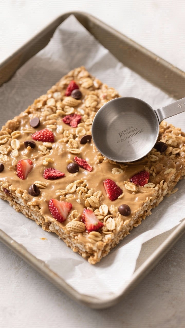 Overhead “press to impress” moment: The cereal bar mixture firmly compressed in an 8x8-inch parc