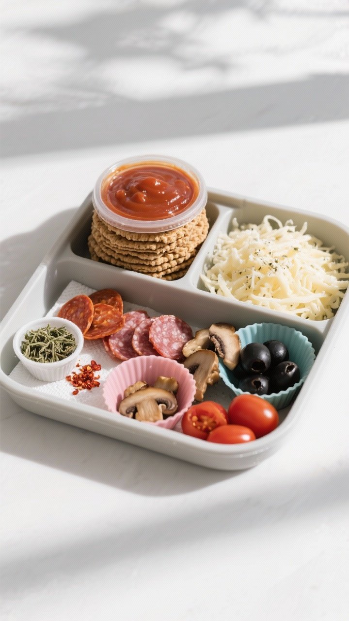 Overhead shot of a DIY pizza lunch kit fully assembled in a divided bento: a neat stack of sturdy wh
