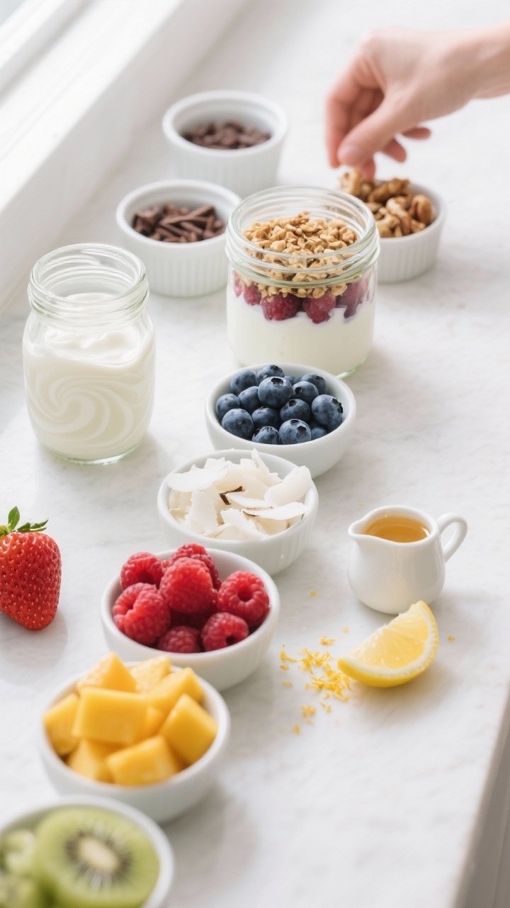 Overhead shot of a DIY yogurt parfait bar in action: clear glass jars partially filled with creamy p