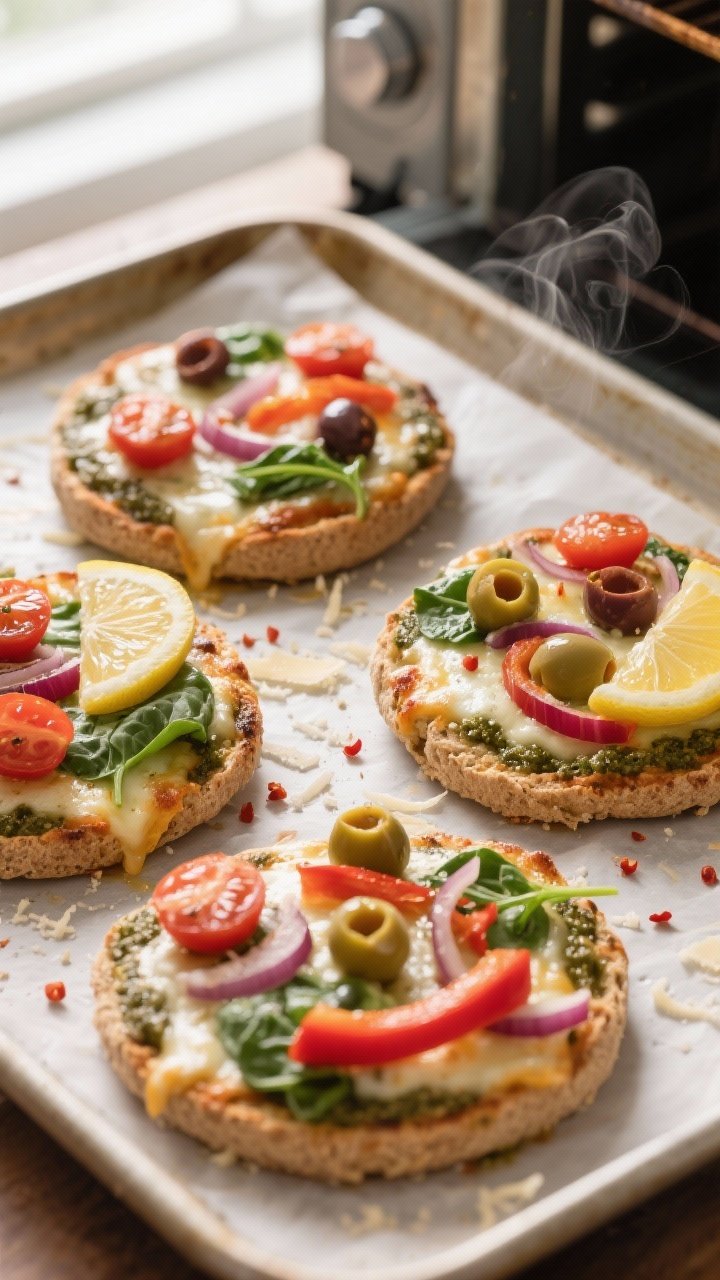 Overhead shot of freshly baked whole-wheat English muffin pesto pizzas on a parchment-lined sheet pa