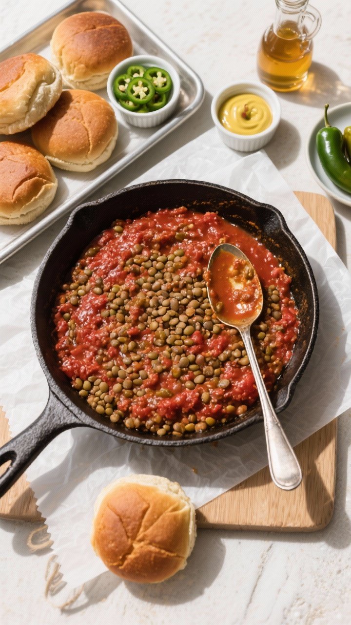 Overhead “tasty top view”: Family-style scene with a cast-iron skillet of finished lentil fillin