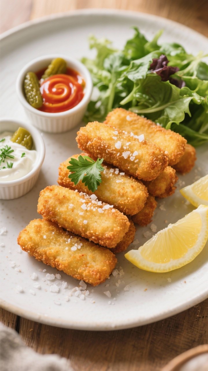 Overhead “tasty top view”: Final plated fish fingers arranged in a neat stack on a matte white p