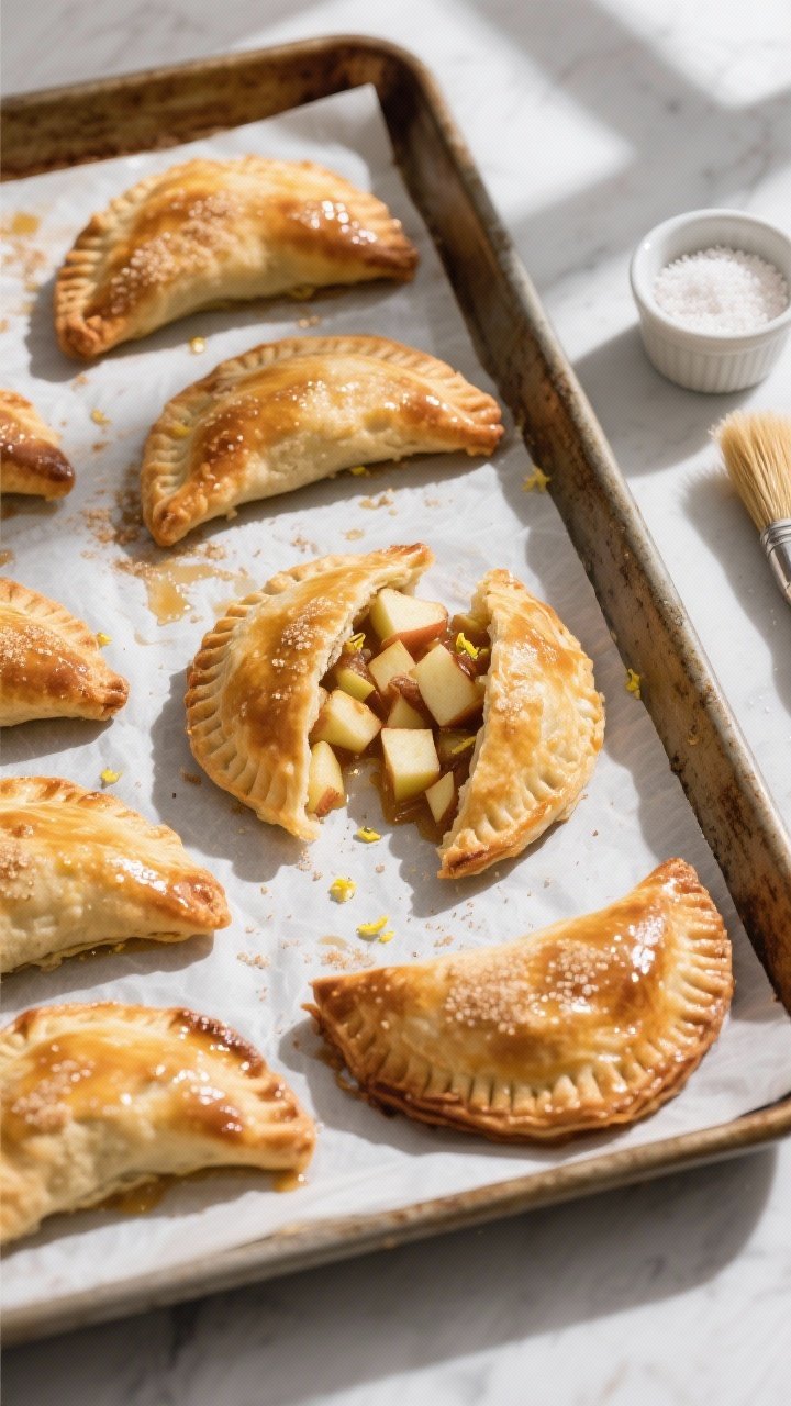 Overhead “tasty top view” of a baking sheet lined with parchment holding multiple turnovers mid-