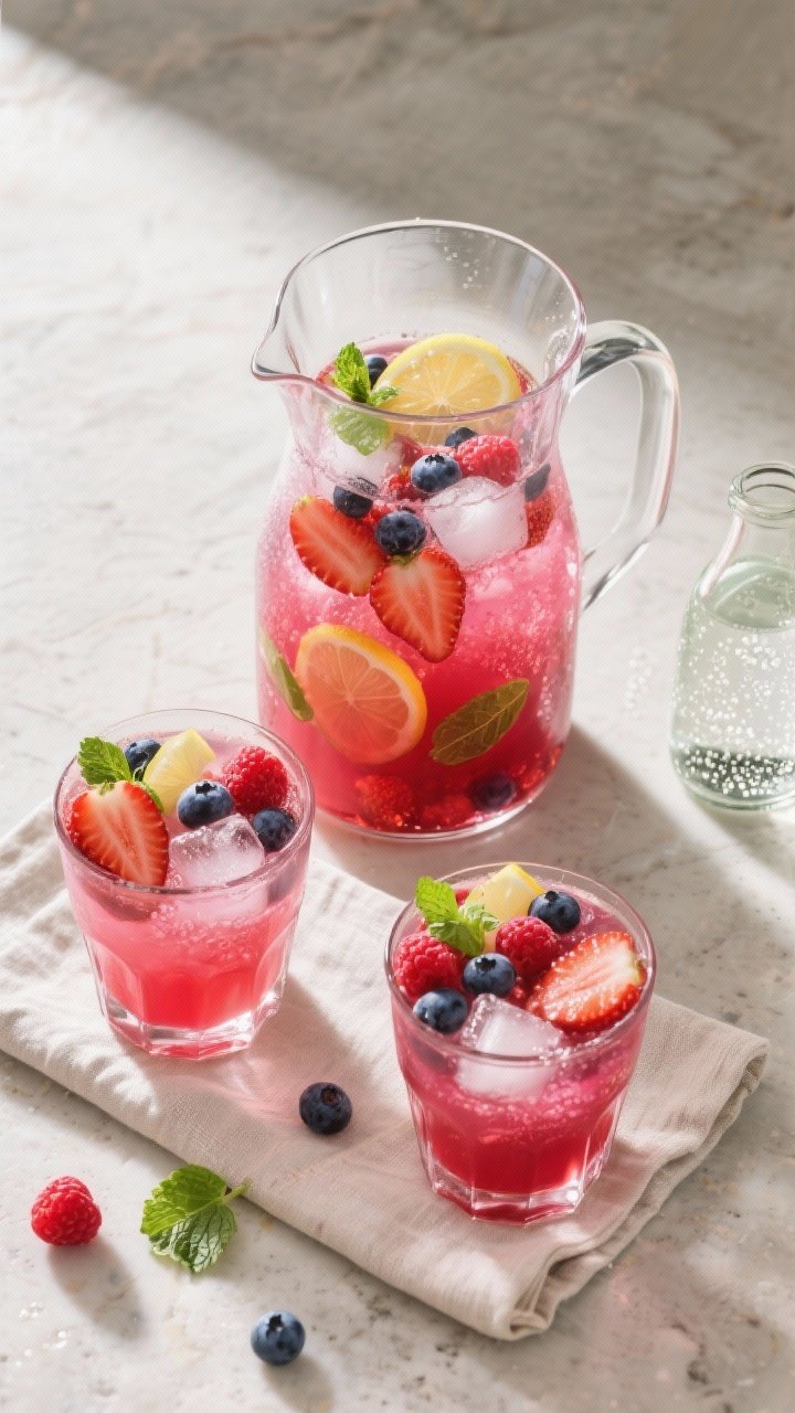Overhead “tasty top view” of a party-ready pitcher and two matching glasses of the finished drin