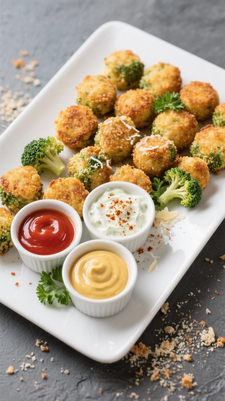 Overhead tasty top view of a platter of broccoli tots arranged in tight rows with a trio of dips: ke