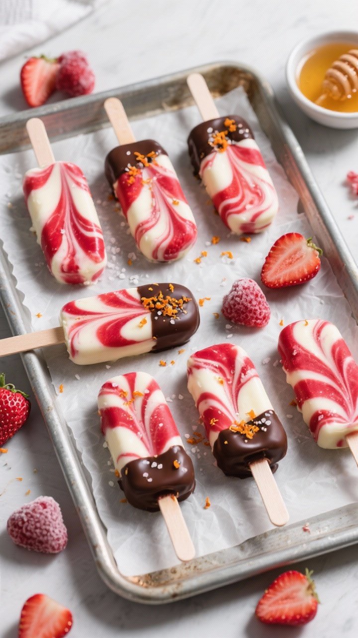 Overhead “tasty top view” of a tray of finished Strawberry Swirl pops fresh from the freezer: ne
