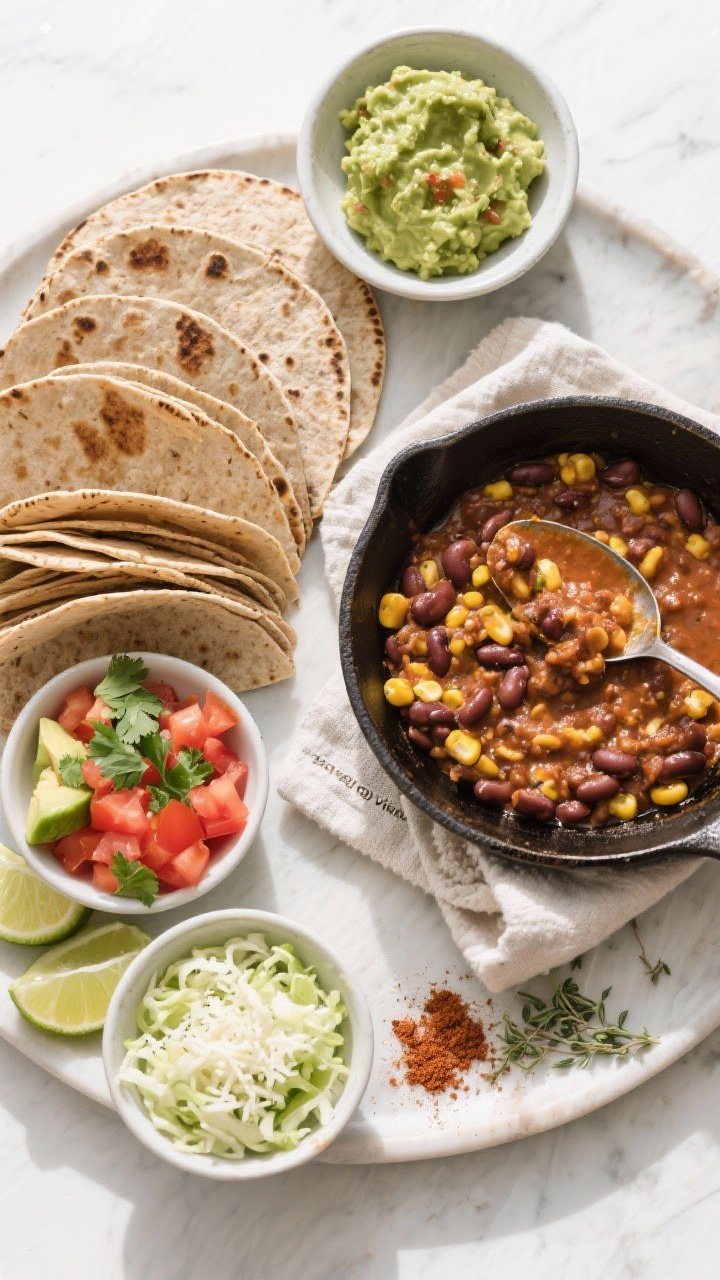 Overhead “tasty top view” platter scene: A top-down shot of a taco assembly spread showcasing wa