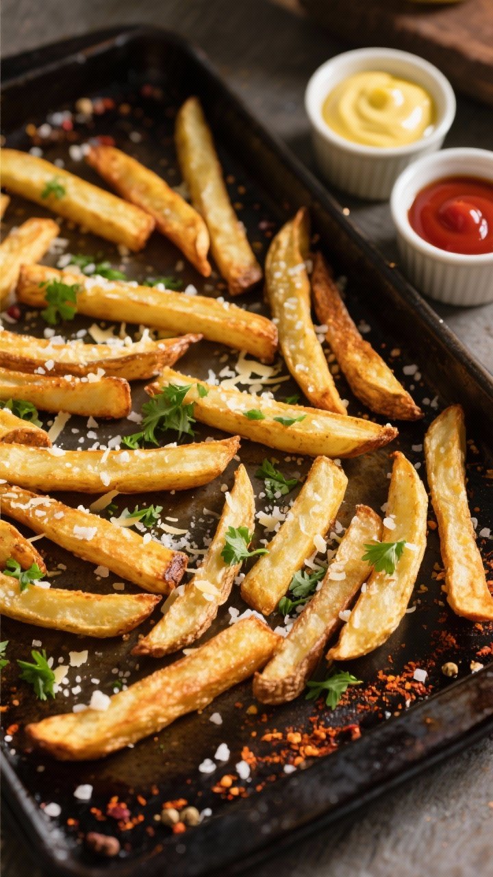 Overhead “tasty top view” shot: Golden, crispy oven fries spread in a single layer on a dark she