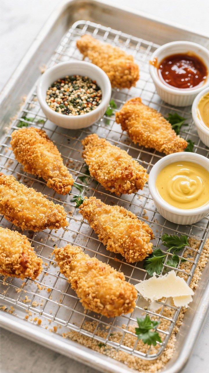 Overhead tasty top view: Top-down shot of a weeknight spread—baked chicken tenders spaced on the w