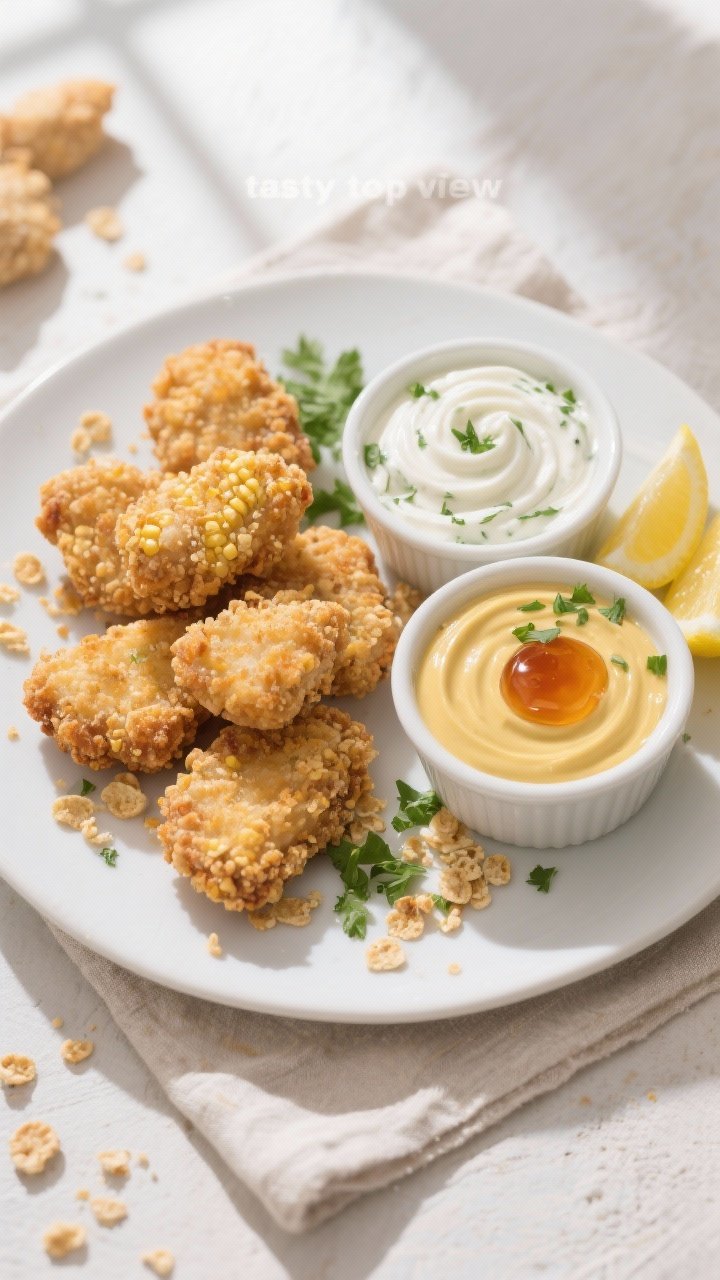 Overhead “tasty top view”: Top-down shot of heart-healthy cornflake-coated chicken nuggets arran