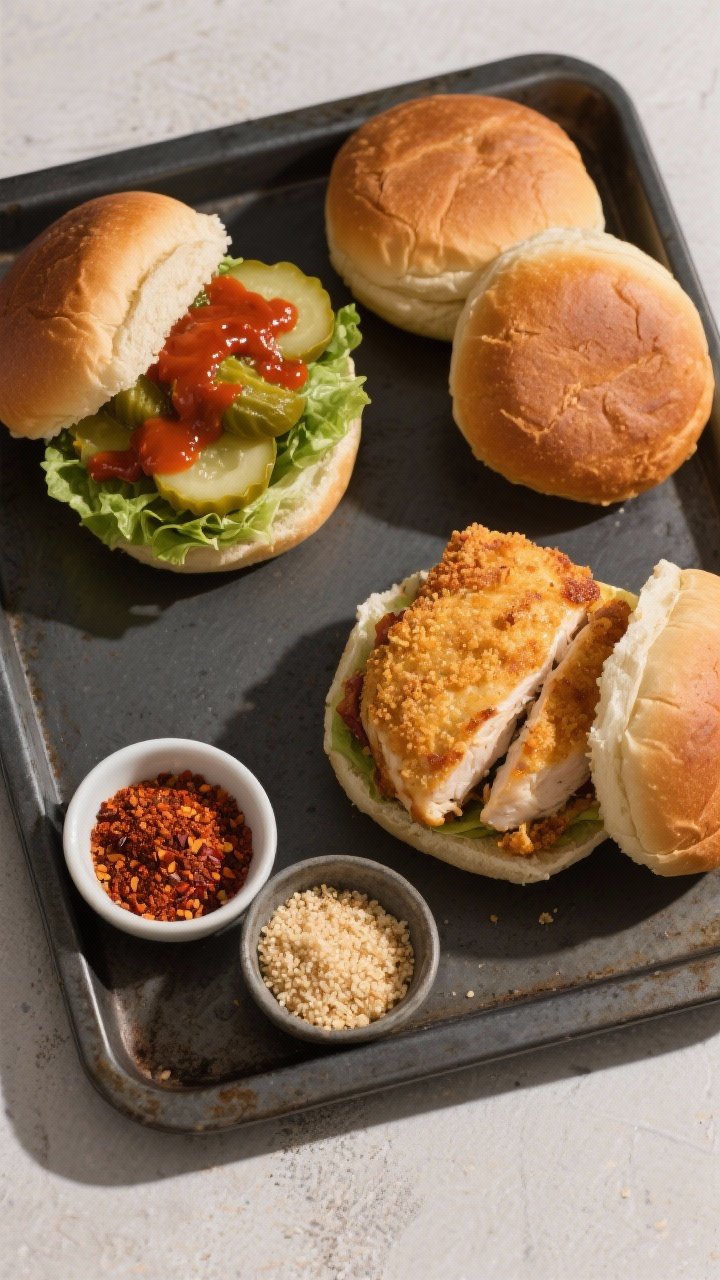 Overhead tasty top view: Two open-faced preparations side-by-side on a dark sheet tray: one bun base