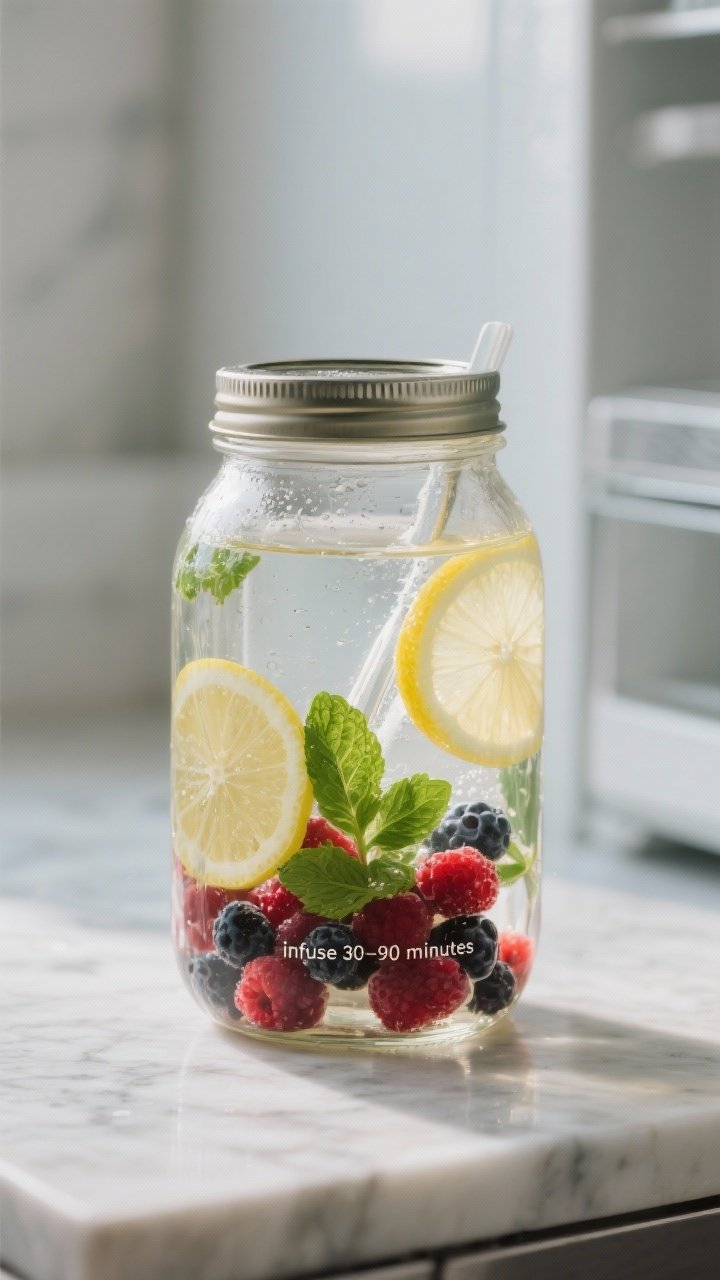 Process-focused image of the infusion stage in a large mason jar: berries, lemon slices, and mint fu