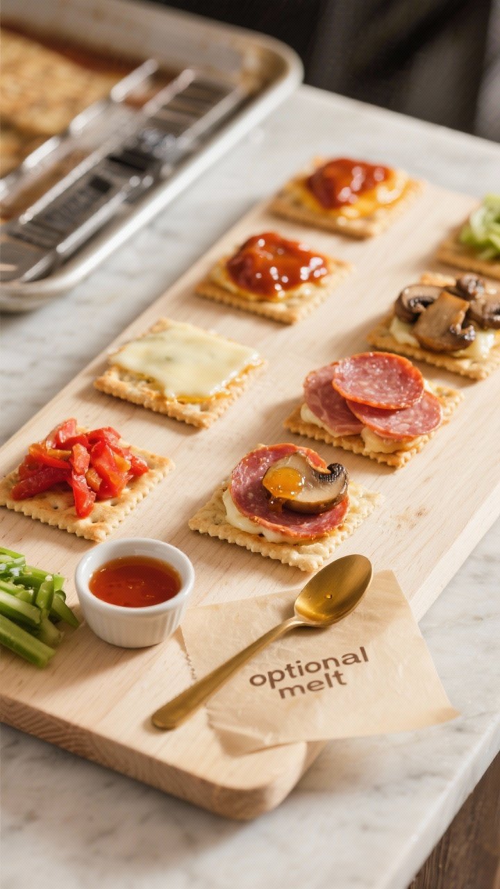 Process shot: a tidy line of prepared toppings and components on a light wood board, with several cr