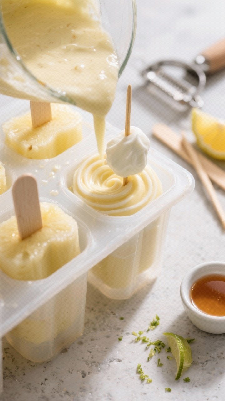 Process shot: pouring the blended Pineapple–Coconut (dairy-free) mixture into popsicle molds, capt