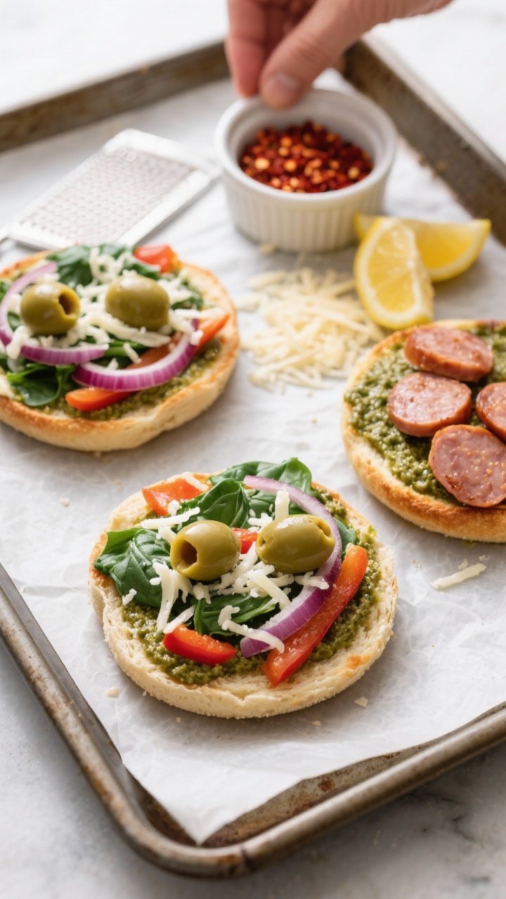 Tasty top-down process shot showing assembly just before baking: pre-toasted English muffin halves s