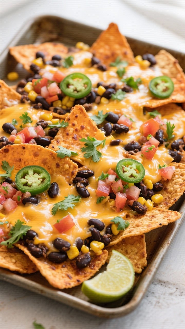 Tasty top view, assembly and melt: Overhead shot of loaded sweet potato nachos on a single sheet pan