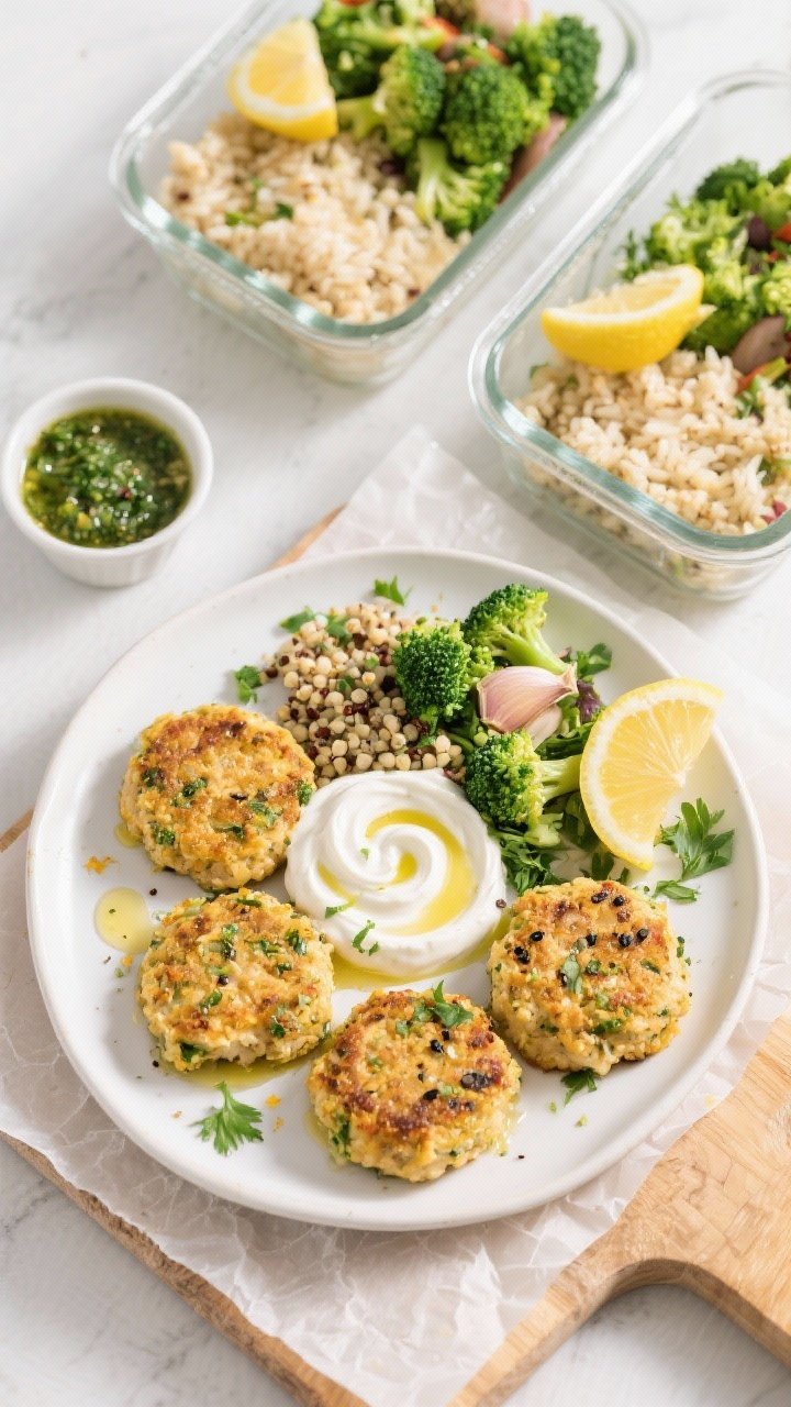 Tasty top view final dish: Overhead shot of a meal-prep spread and plated serving—four golden chic