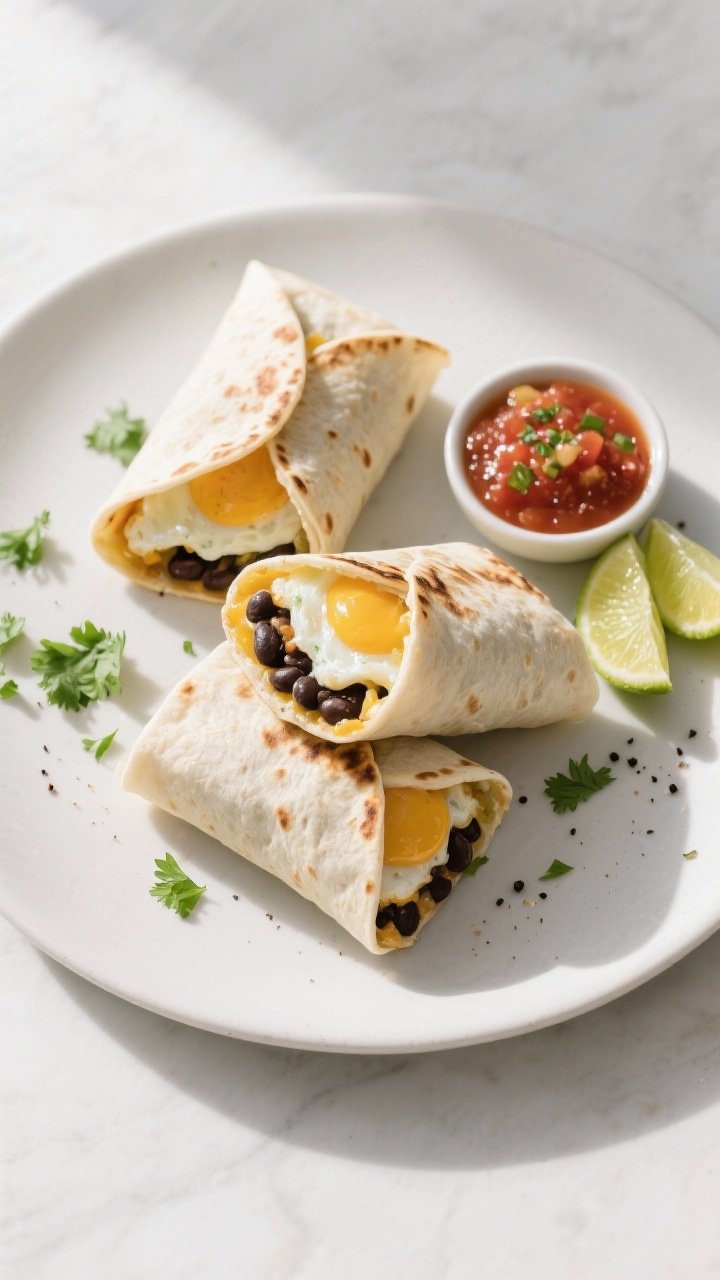 Tasty top-view final presentation: Overhead shot of a trio of assembled breakfast burritos—two who