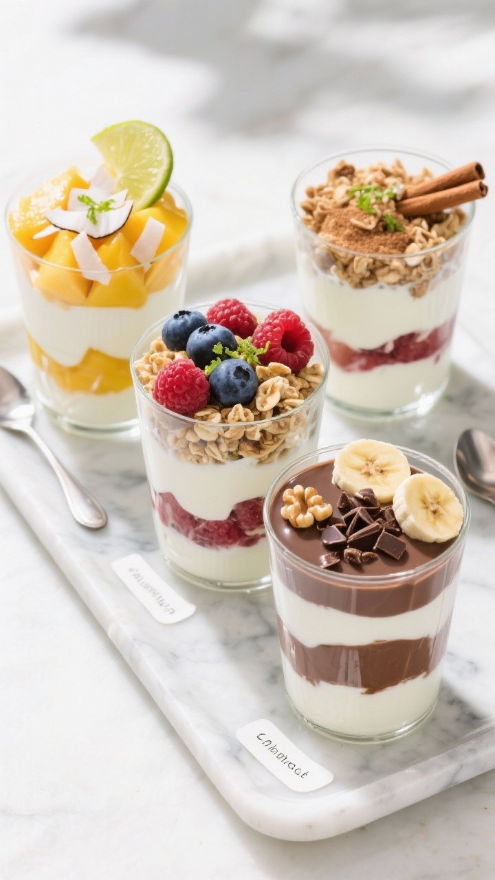 Tasty top-view of a trio of themed parfaits for variety: Tropical sunrise (mango + pineapple + cocon