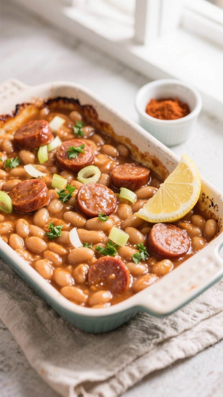 Tasty top view, overhead bake: Overhead shot of the baked beans with lean turkey sausage fresh from 