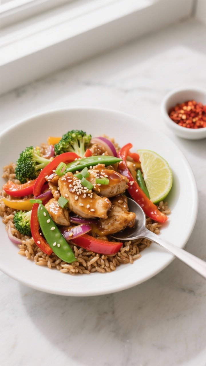 Tasty top view, overhead: Overhead shot of the finished Honey Garlic Chicken Stir-Fry spooned over f