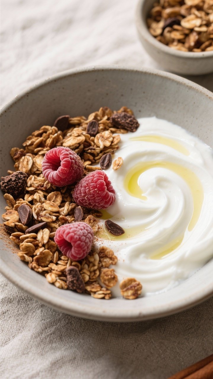 Tasty top view: Overhead shot of a breakfast bowl—thick Greek yogurt swirled and topped with a gen