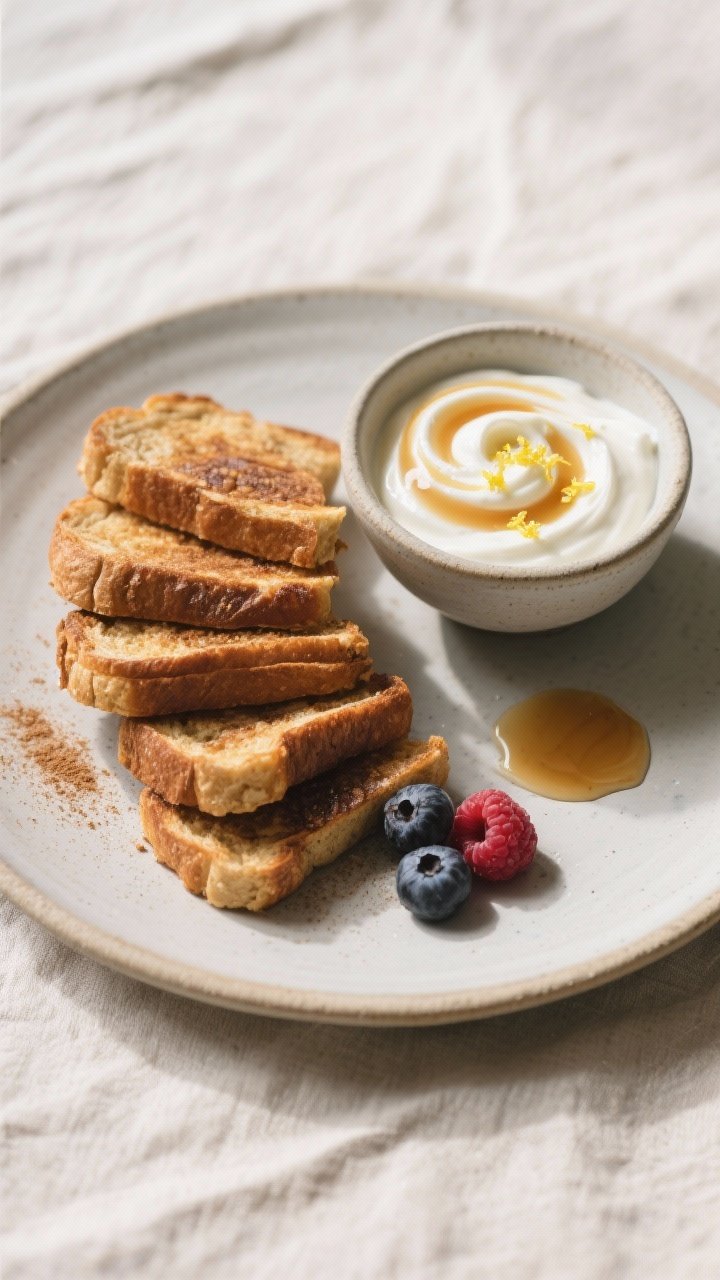 Tasty top view: Overhead shot of a breakfast plate featuring neatly stacked whole-grain French toast